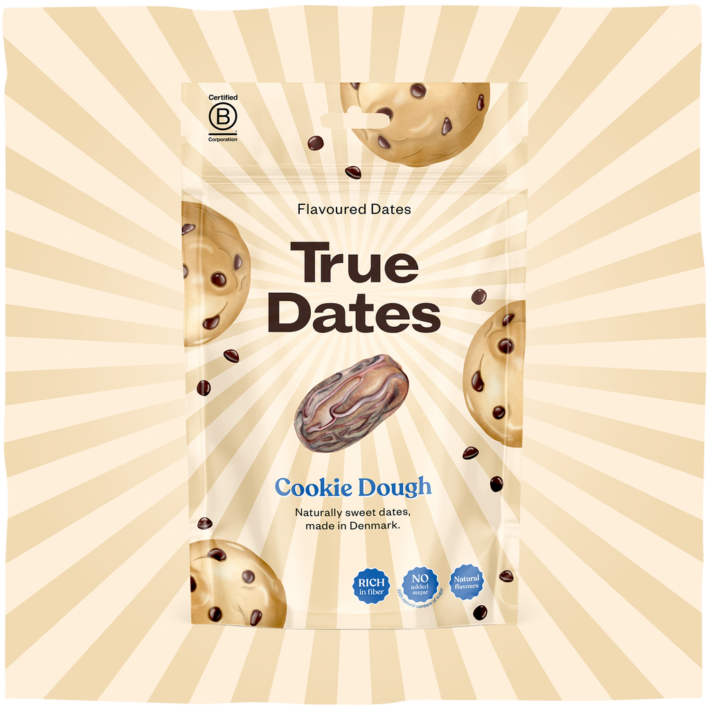 True Dates Cookie Dough naturally sweet dates with flavour wrapped in home compostable packaging