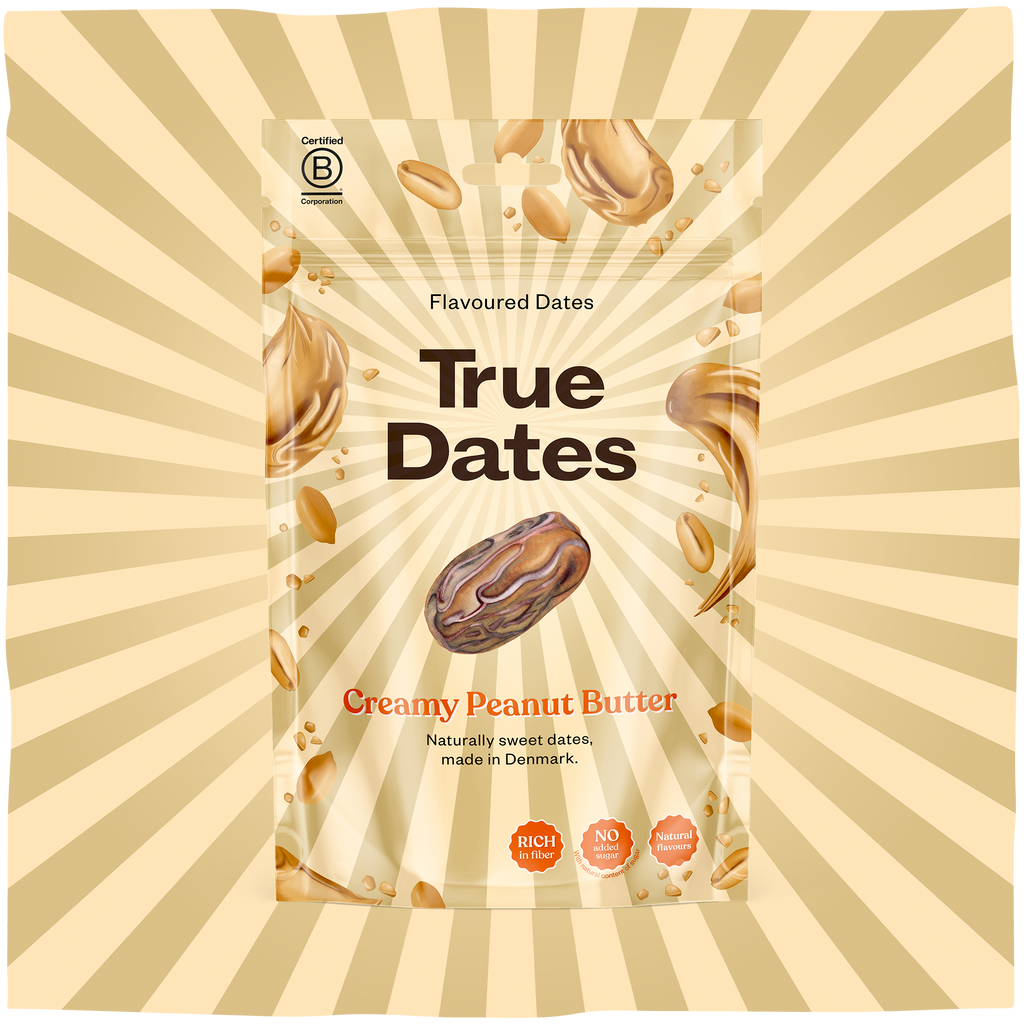 True Dates Creamy Peanut Butter naturally sweet dates with flavour wrapped in home compostable packaging