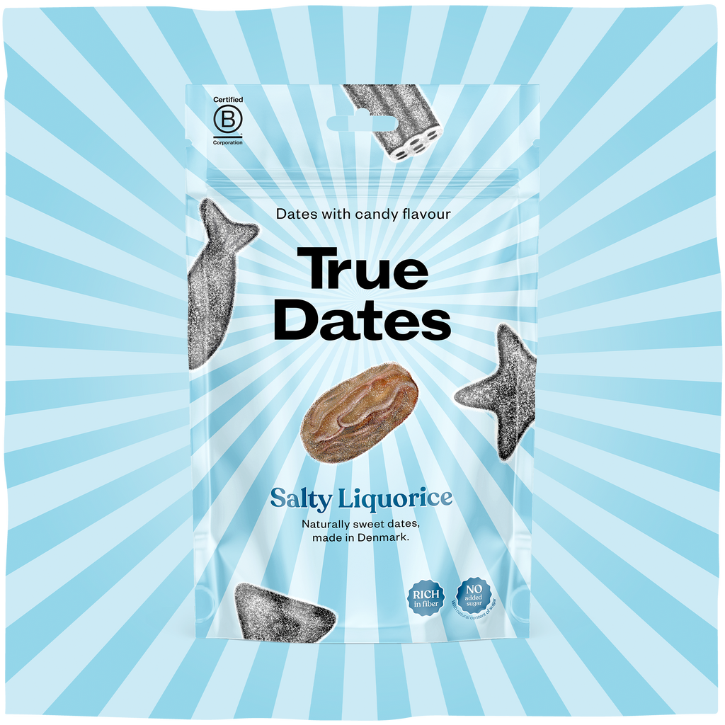 True Dates Salty Liquorice naturally sweet dates with candy flavour wrapped in home compostable packaging