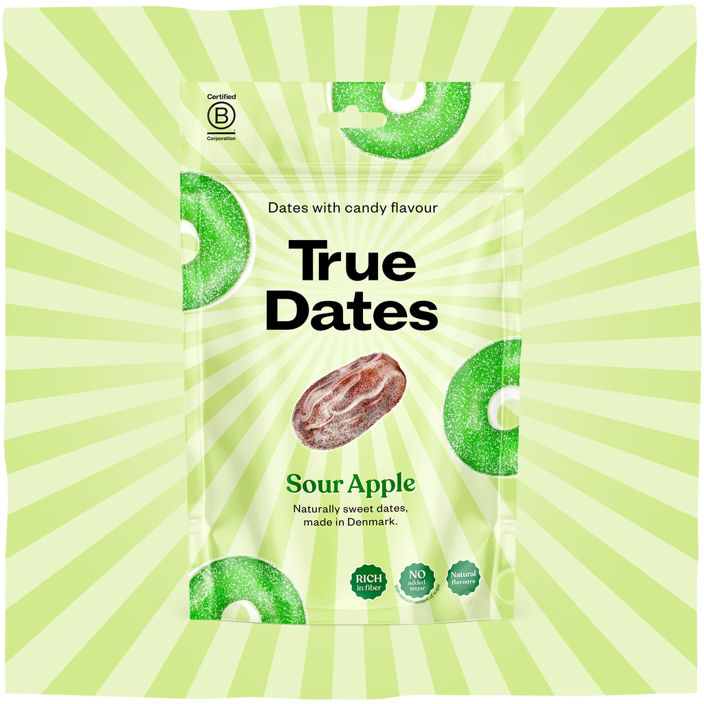 True Dates Sour Apple naturally sweet dates with candy flavour wrapped in home compostable packaging