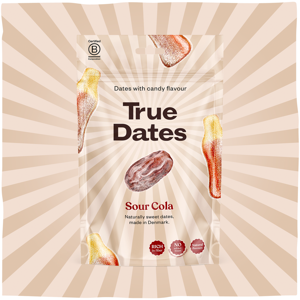 True Dates Sour Cola naturally sweet dates with candy flavour wrapped in home compostable packaging