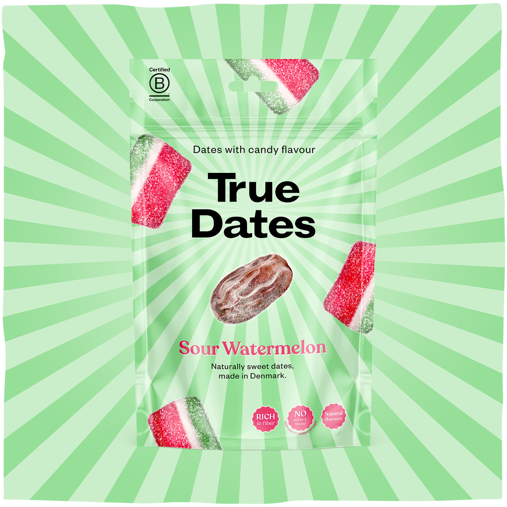 True Dates Sour Watermelon naturally sweet dates with candy flavour wrapped in home compostable packaging