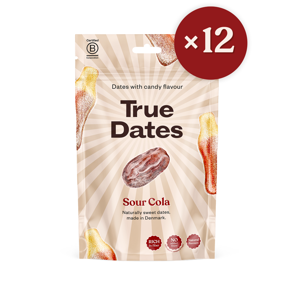 True Dates Sour Cola naturally sweet dates with candy flavour wrapped in home compostable packaging