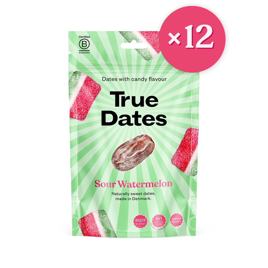 True Dates Sour Watermelon naturally sweet dates with candy flavour wrapped in home compostable packaging