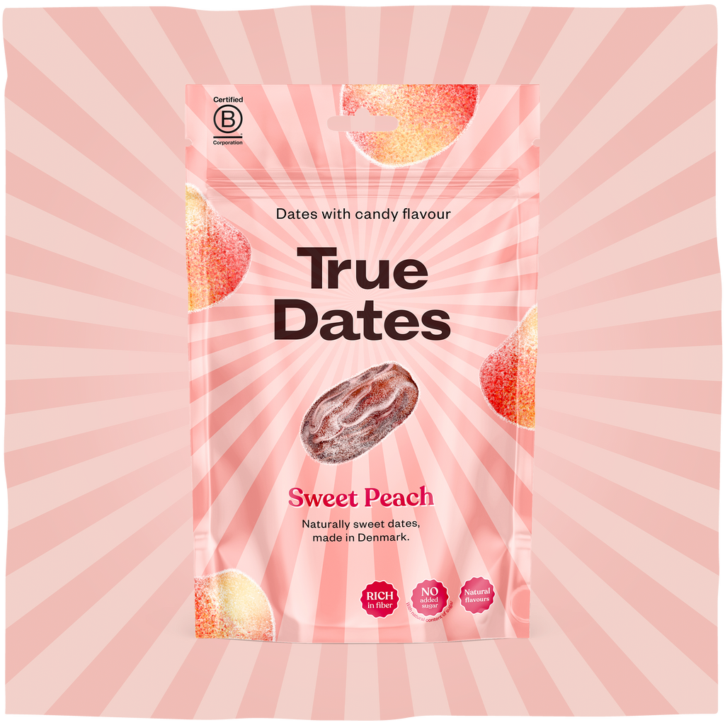 True Dates Sweet Peach naturally sweet dates with candy flavour wrapped in home compostable packaging