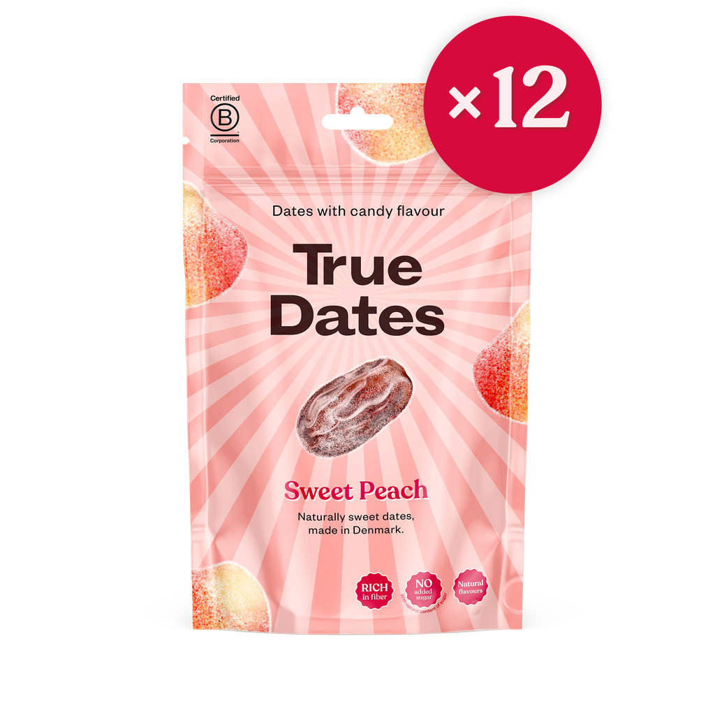 True Dates Sweet Peach naturally sweet dates with candy flavour wrapped in home compostable packaging